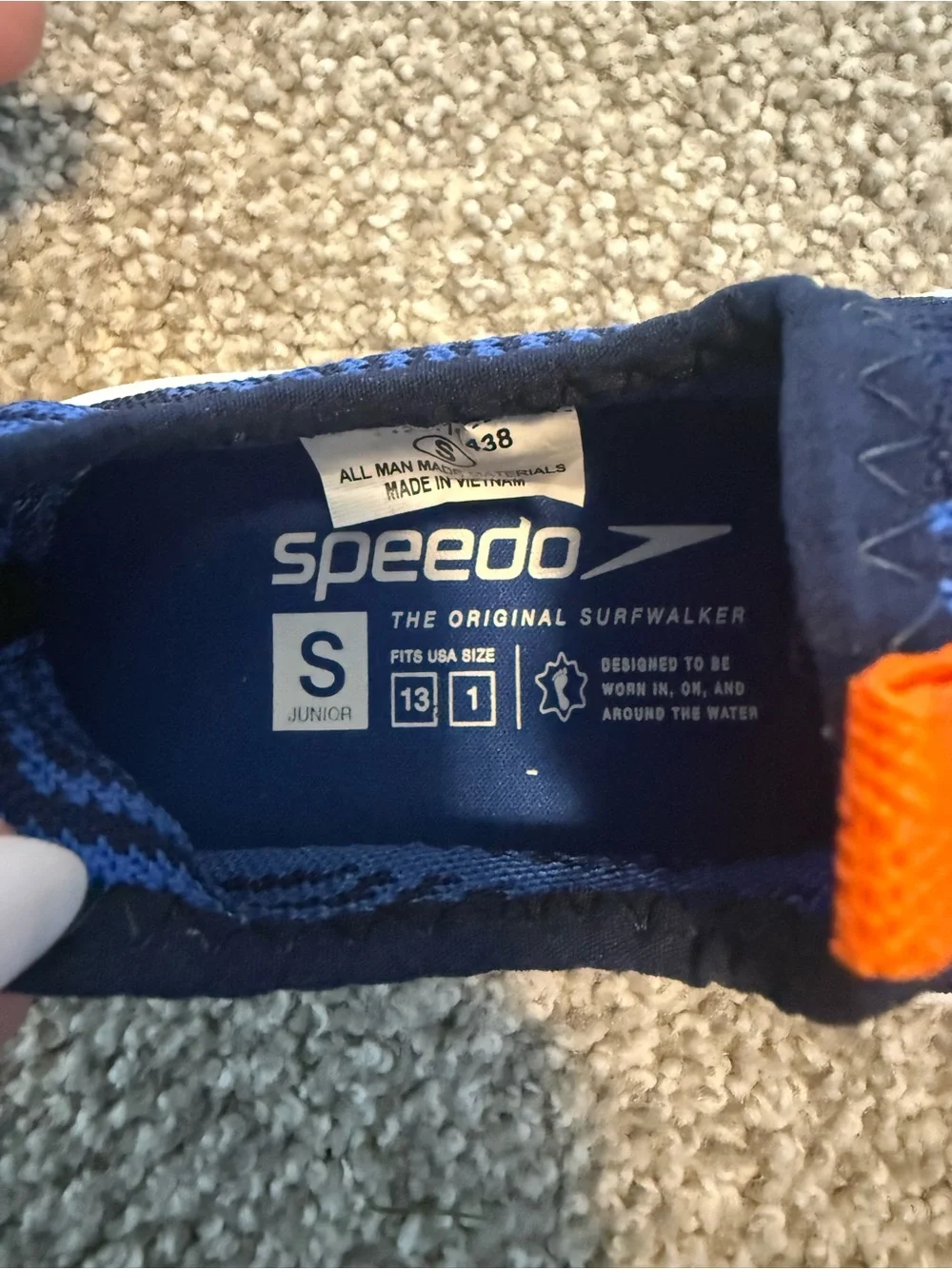 Speedo Kids Navy Blue and Orange Slip-On Water Shoes. Size Small S Junior 13 1